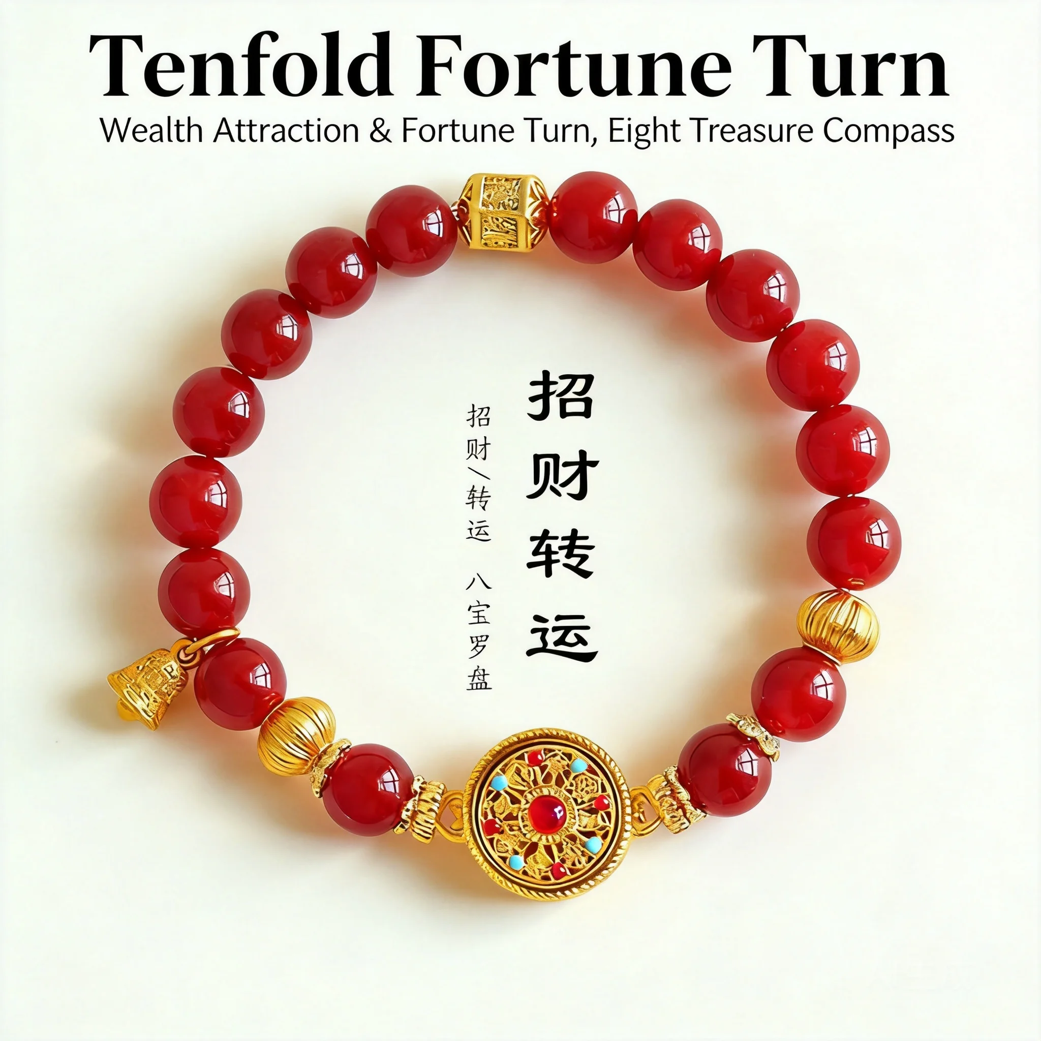 Chinese Style Rotatable Eight Treasures Compass Red Agate Jadeite Beaded Bracelet Lucky Blessing Wealth Attracting Good Feng Shu