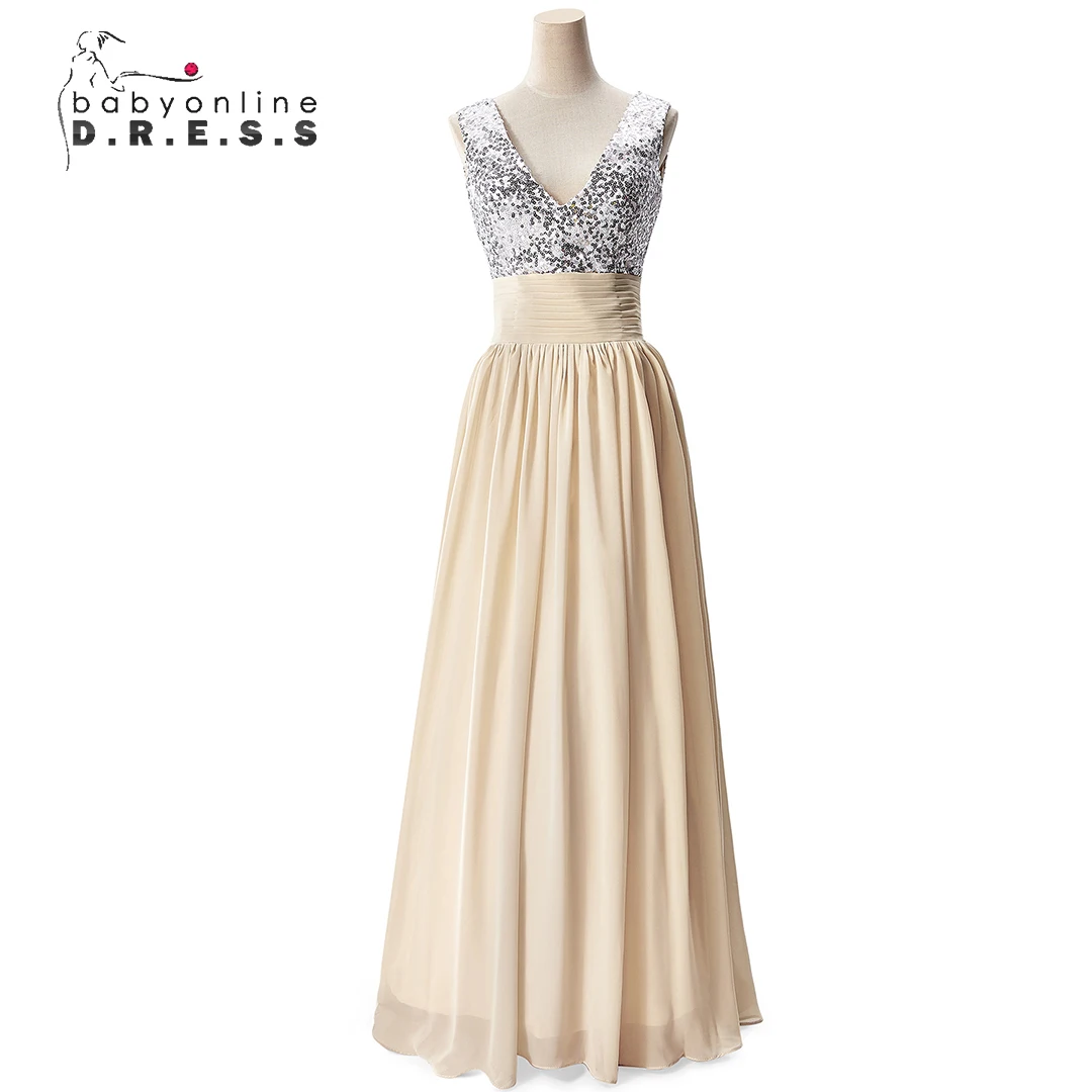 

Sliver Sequin Top Bridesmaid Dresses Sexy V-neck A Line Long Maxi Chiffon Skirt Junior Prom Dress Evening Formal Gown