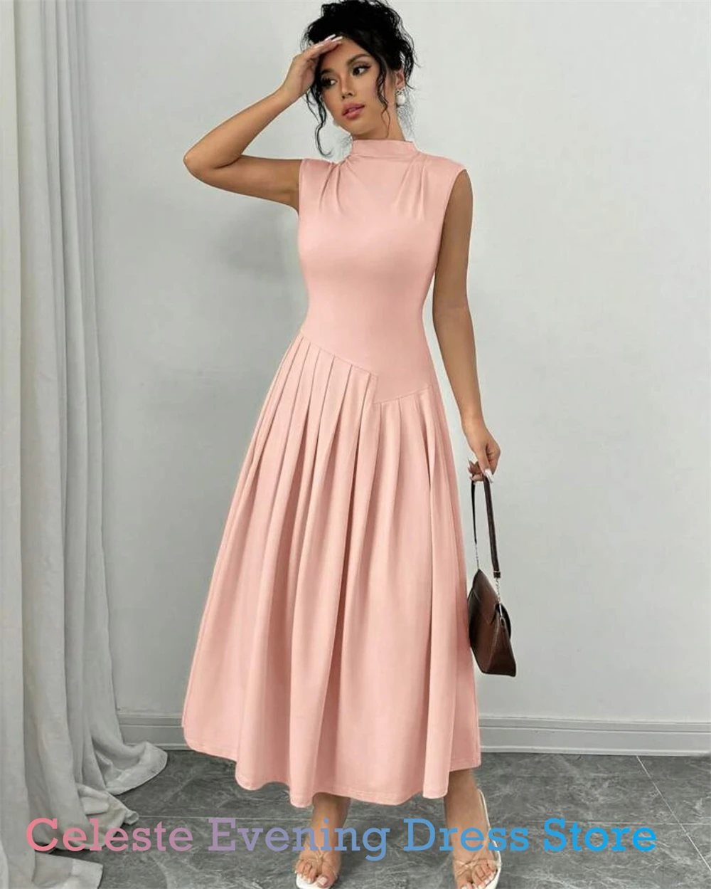 Vestido de noche de Jersey azul Simple personalizado, vestidos elegantes de cuello alto sin mangas para fiesta de bienvenida, vestidos clásicos para ocasiones especiales