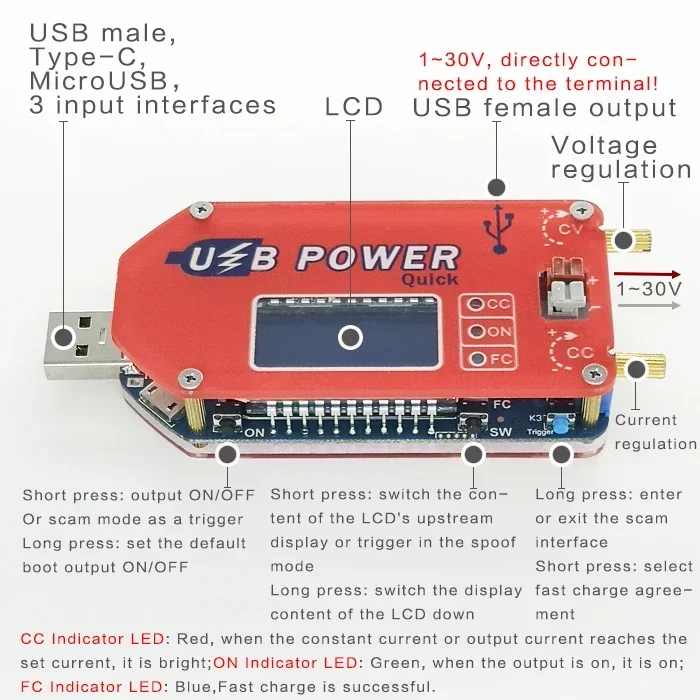 DP3A Wyświetlacz cyfrowy Regulowany moduł zasilania USB DC 1-30V 15W QC 2.0 3.0 FCP Szybkie ładowanie laboratoryjnego regulatora zasilania