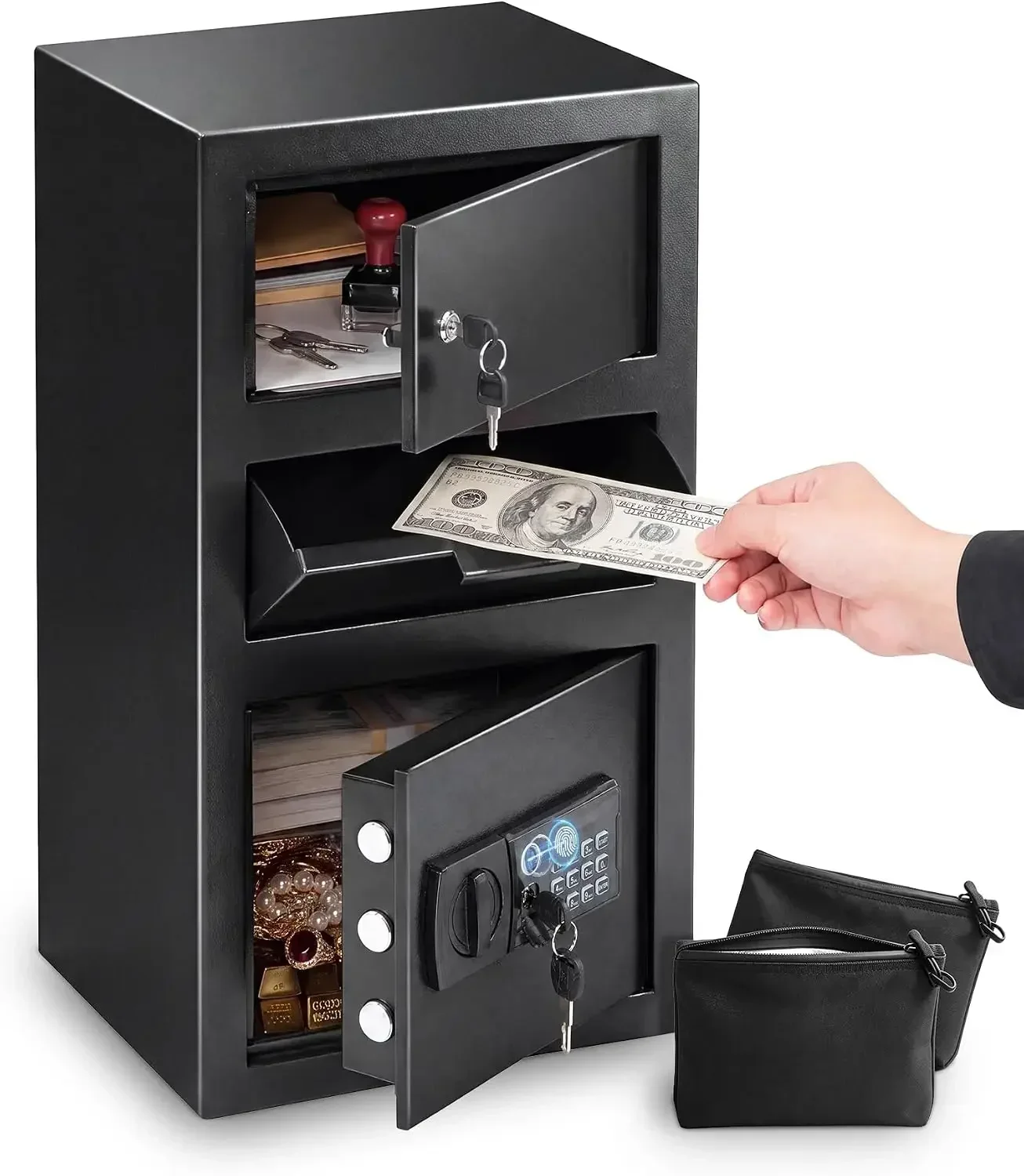 Heavy Duty Biometric Depository Drop Safe 5.8 Cuft Fingerprint Cash Box with Drop Slot Digital Keypad Spare Key for Retail Church Business