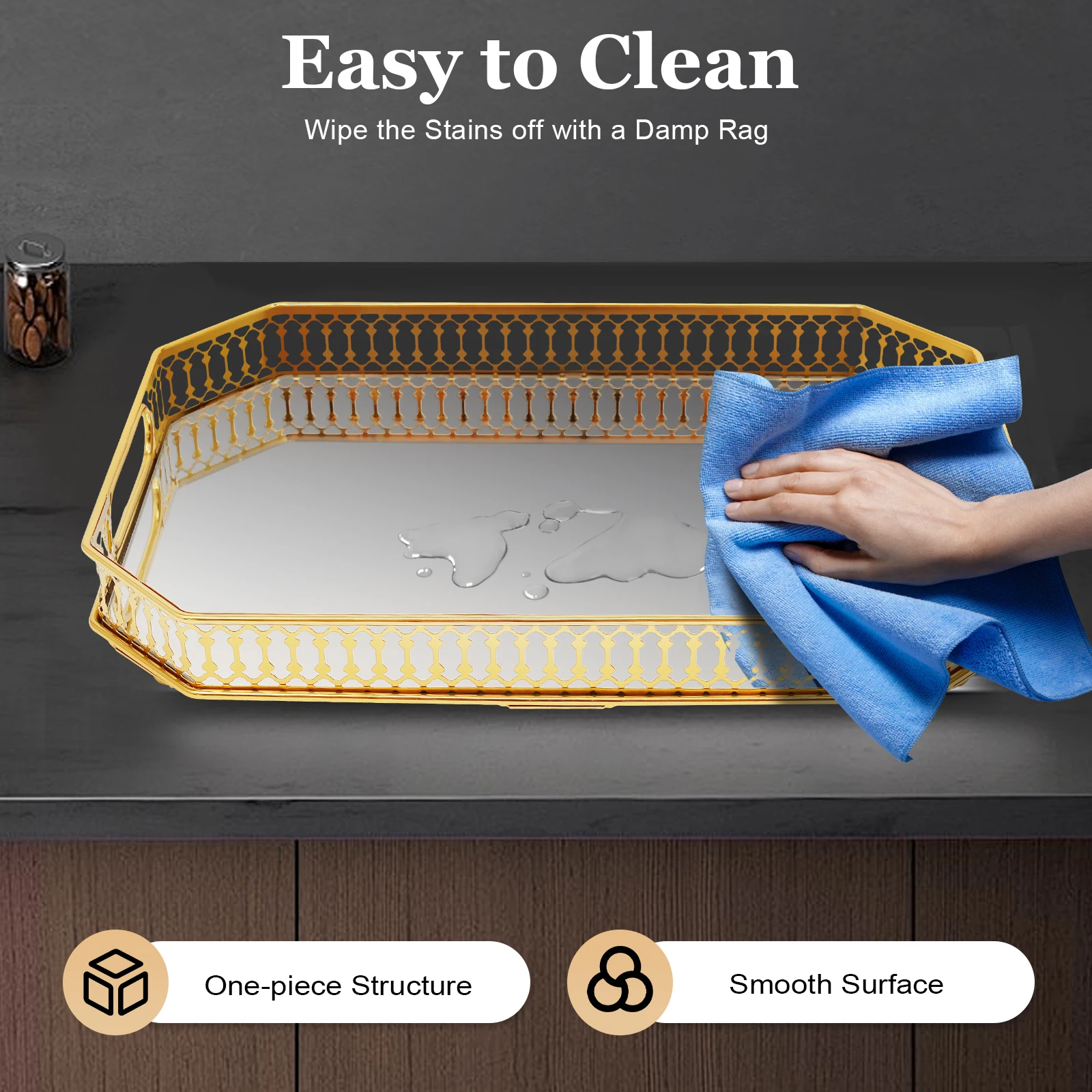 Złota Dekoracyjna Taca Prostokątna na Biurko Taca do Serwowania Toaletka Nowoczesna Żelazna Szklana Galwanizowana Taca Stołowa Dekoracyjna do Domu