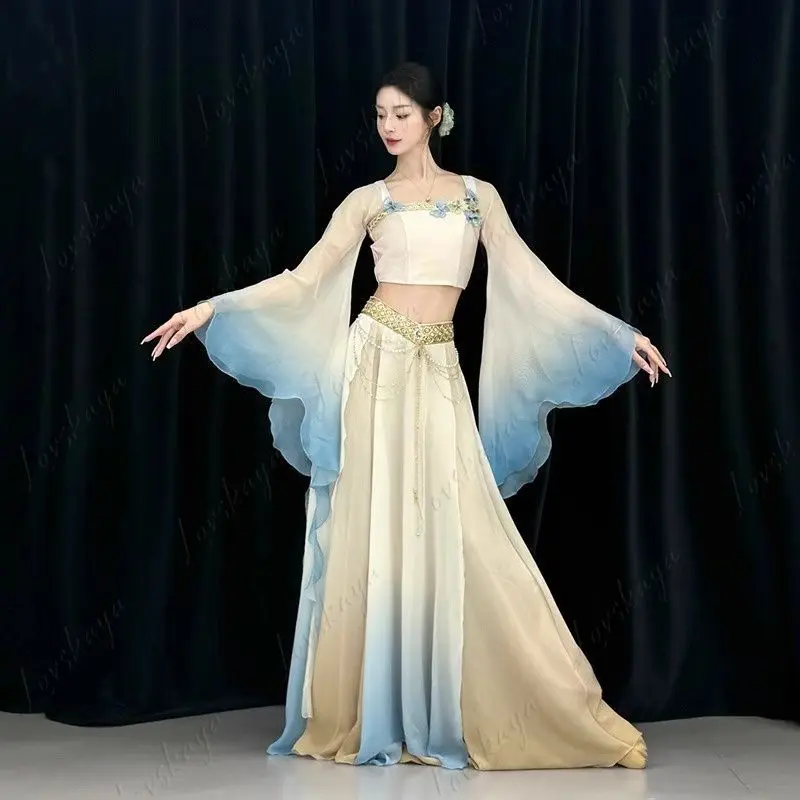 고전 무용 의상 우아한 요정풍 큰 치마 고대 스타일 공연 의상 이국적인 둔황 스타일 싱글 탑 엘라스테인