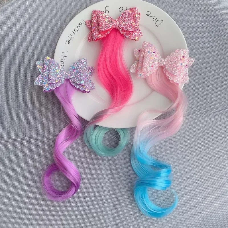 Gradient Color Bow Hair Clip Princess Style Girls Hairbands Girls Colorful Wigs Cartoon Unicorn Ponytail Clip Headwear Kids Gift view 6