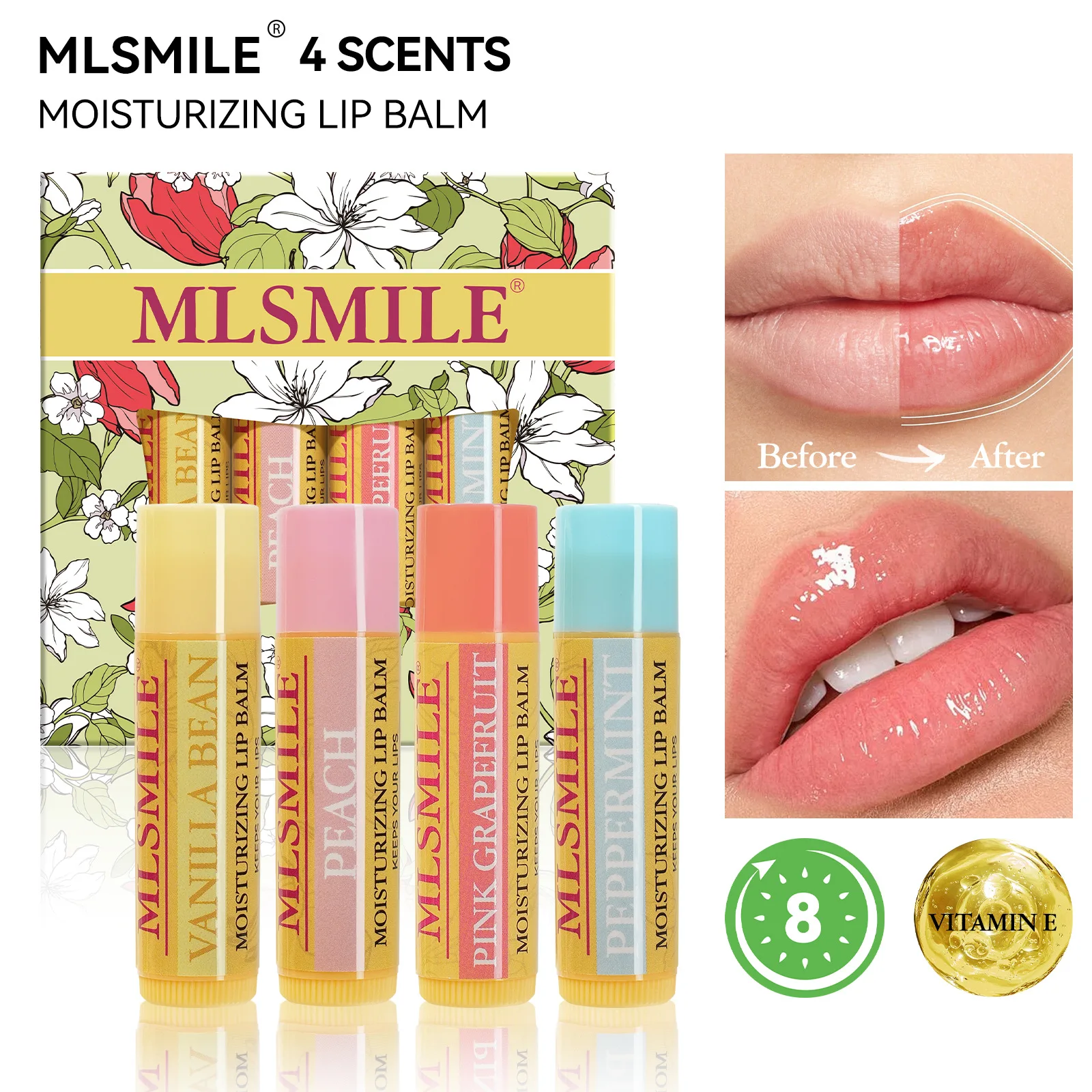Mlsmilli 4 pçs clarear linhas labiais anti-seco rachado conjunto de bálsamo labial cuidados com os lábios hidratante duradouro sabor de frutas nutritivo bálsamo labial