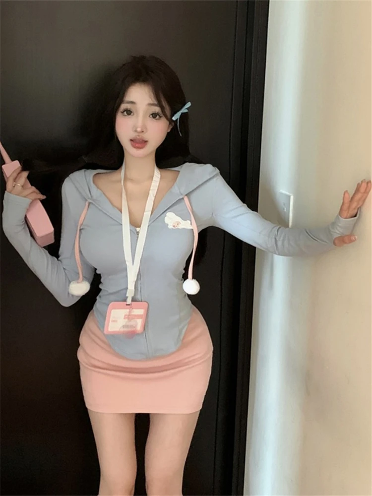 

Y2K Sporty Coord Set Sculpting Hoodie + Pencil Skirt Women Cropped Top Straight Hem Summer Athleisure Outfit