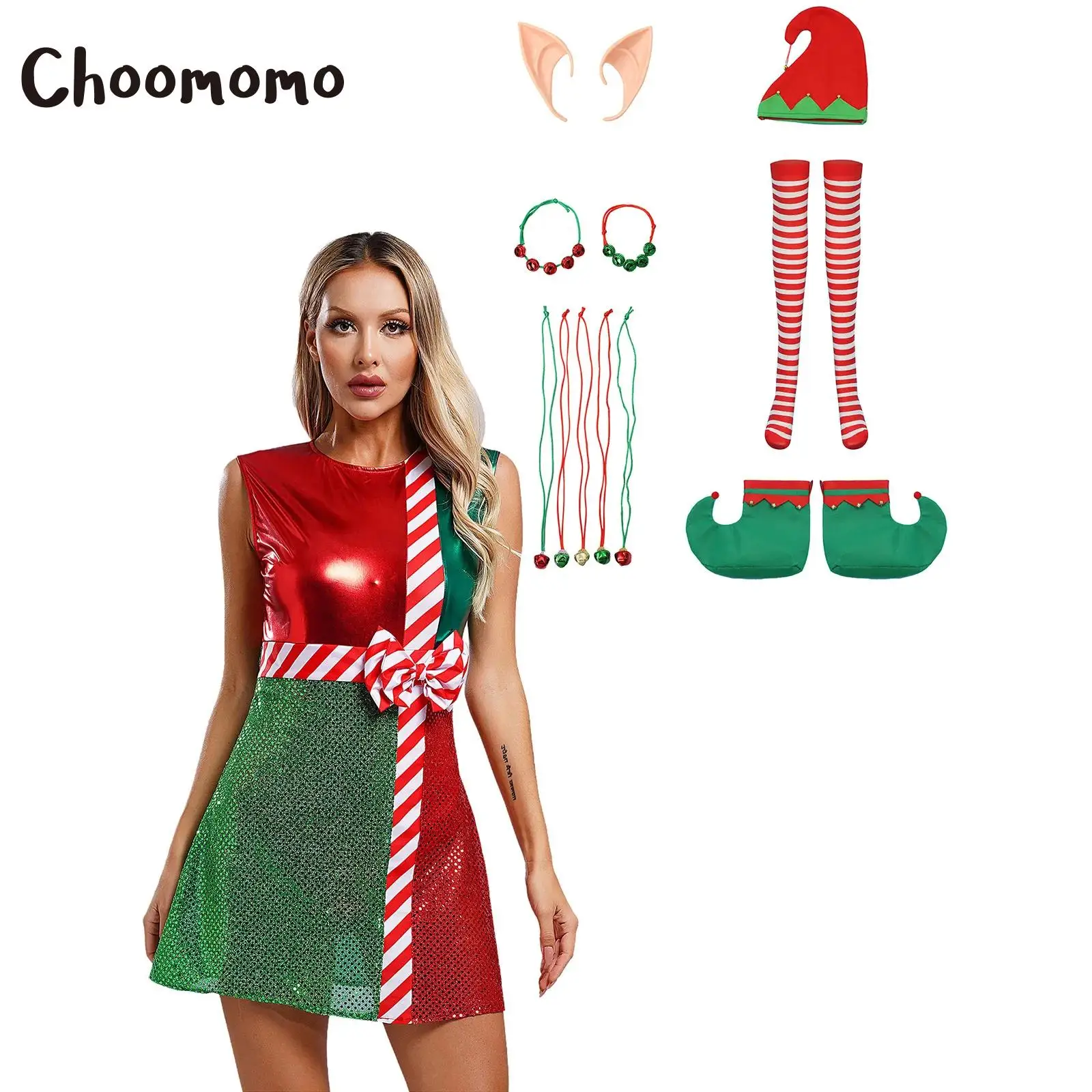 

7Pcs Women Christmas Suit Sleeveless Sequins Bowknot Dress with Hat Necklace Stockings Shoes Bracelet Elf Ears Accessories Suit