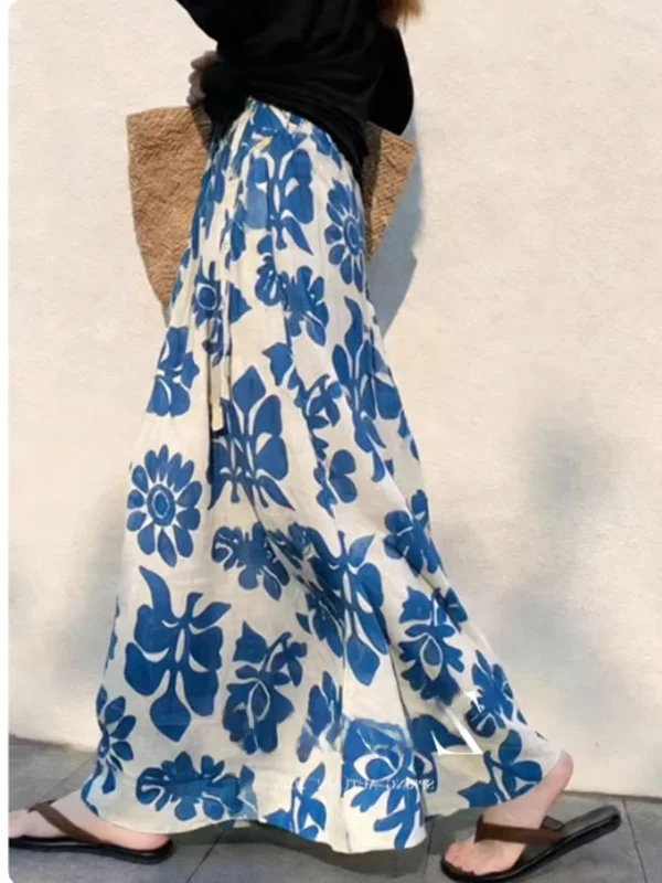 Beach Vacation Blue Print High Waist A-Line Midi Skirt Women's Loose Skirt Spring Summer Fashion Elegant Feeling