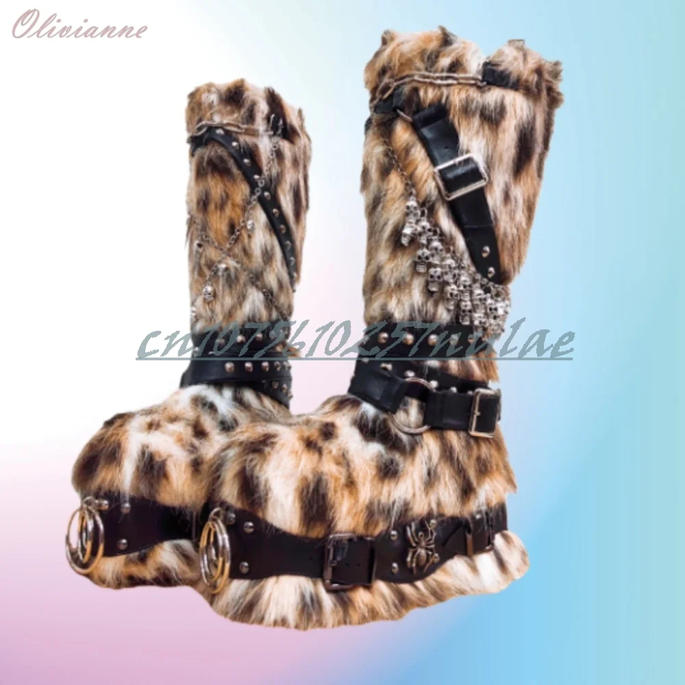 2026 New Punk Fur Boots with Round Toe Belt Buckle Design and Rivet Decoration Thick Soled Platform Hot Women Shoes Para Mujere