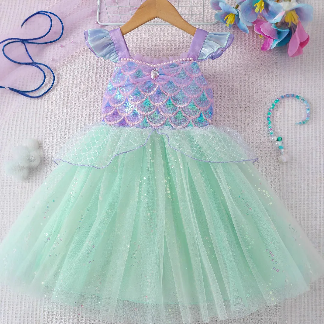 Toddler Girl Dress Mermaid Princess Dress Sequins Tulle Tutu Ruffle Sleeve Birthday Party Ball Gown Costume Summer Kids Clothes