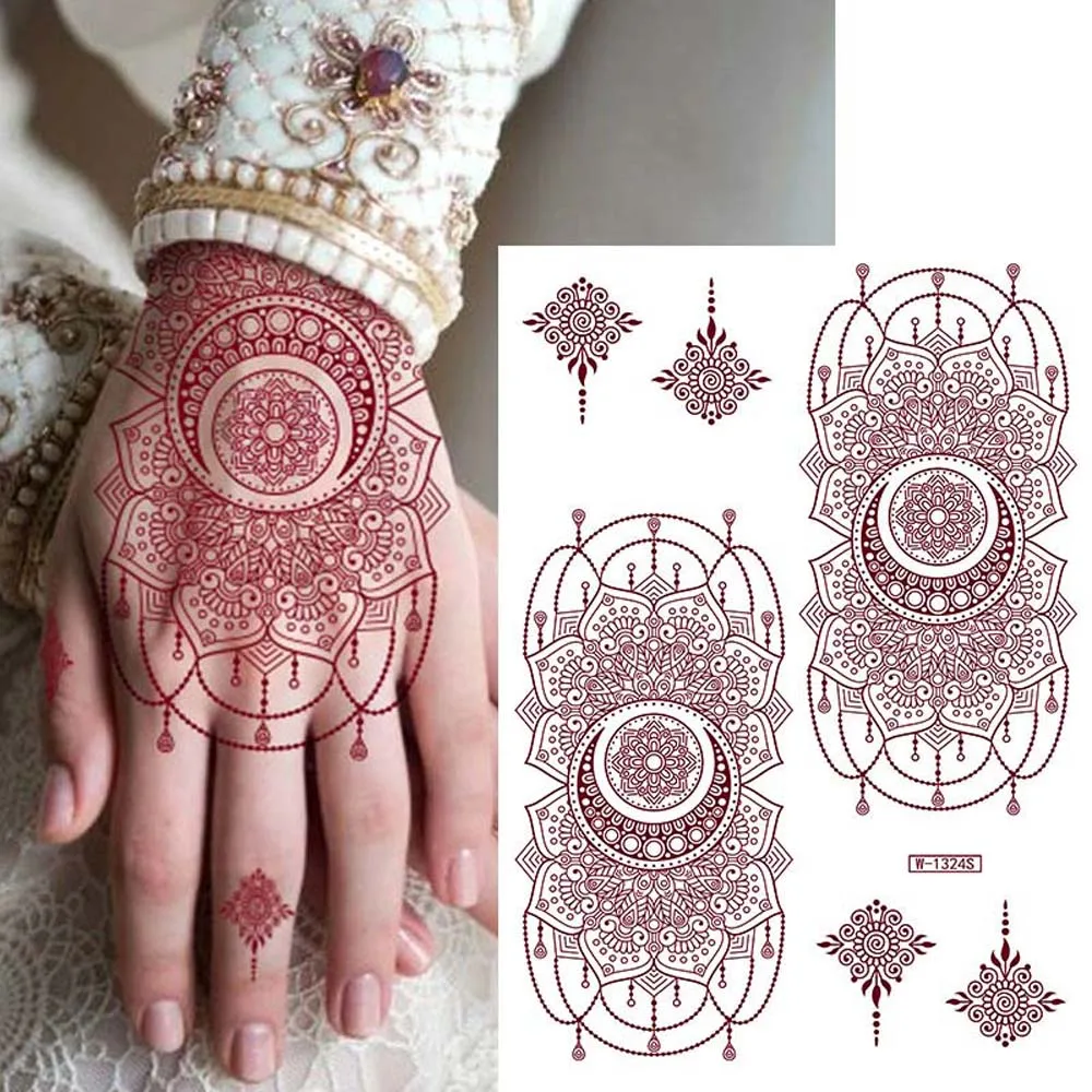 Pegatinas rojas Mehndi, pegatinas de tatuaje de Henna, calcomanías de transferencia de agua, tatuaje falso para mujeres, tatuaje temporal, piernas, brazo, herramienta de boda