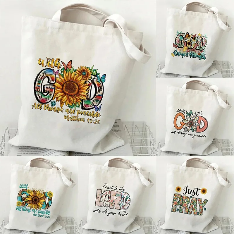 "God Is Good"print Canvas Tote Bag Christianity Religious Belief Women Fashion Shopping Bag Vintage Floral Shoulder Handbags