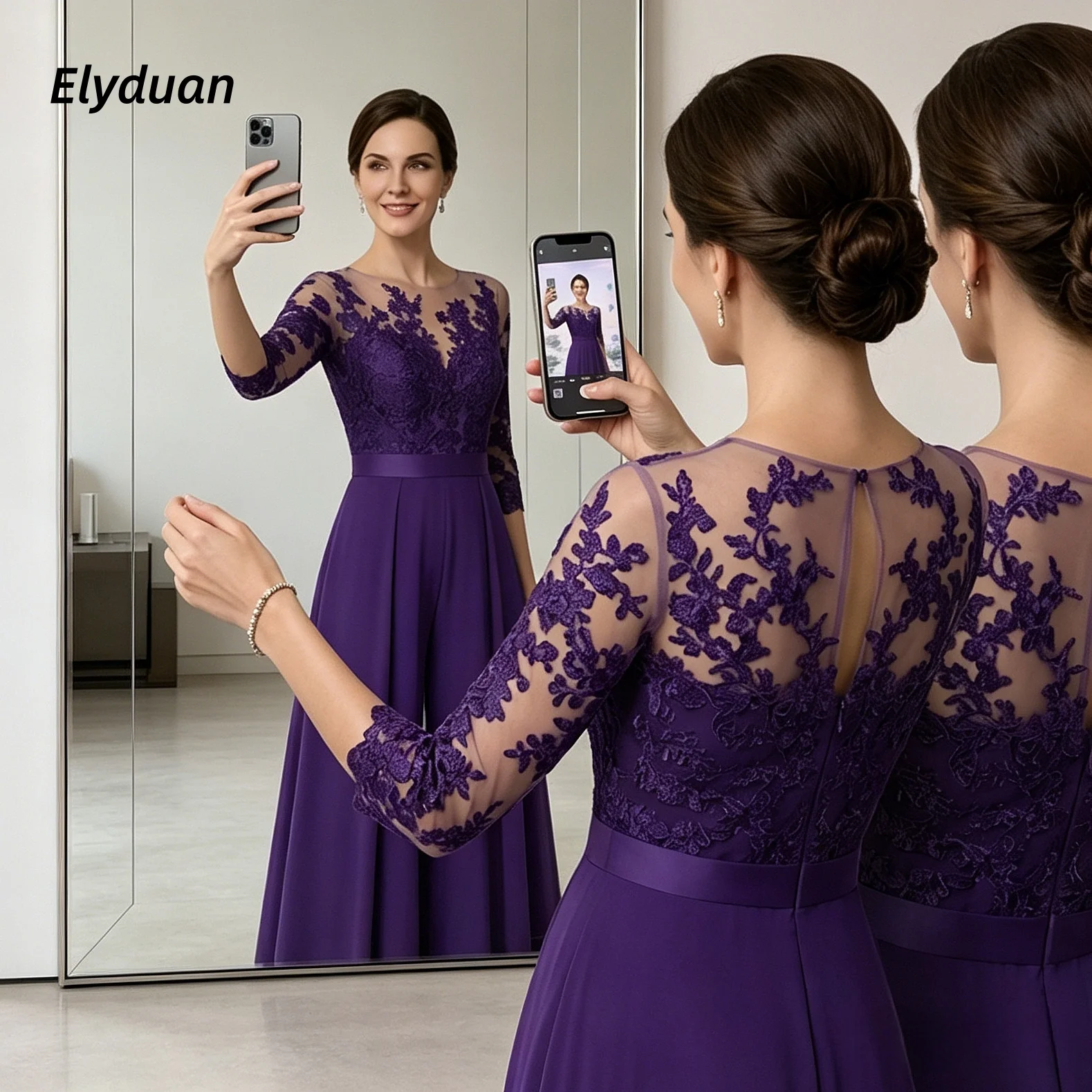 Mono de gasa morado para mujer, vestido de fiesta con apliques de encaje, manga 3/4, sencillo, elegante, para fiesta formal, personalizado