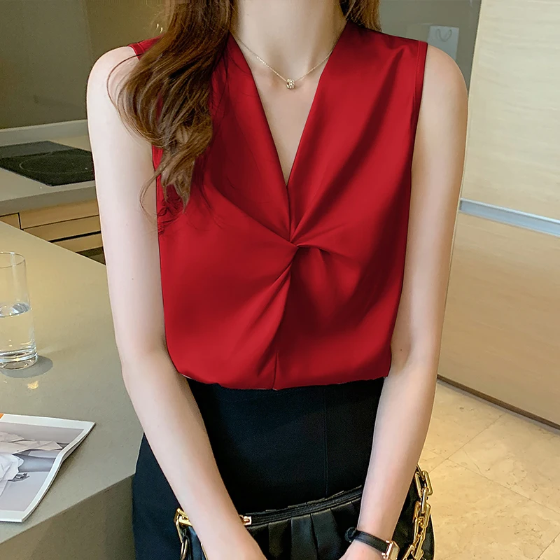 Summer Vintage Elegant Sleeveless Chiffon Shirts Fashion Solid Commute Blouse Women Clothing V-neck Simple Loose Casual Tops