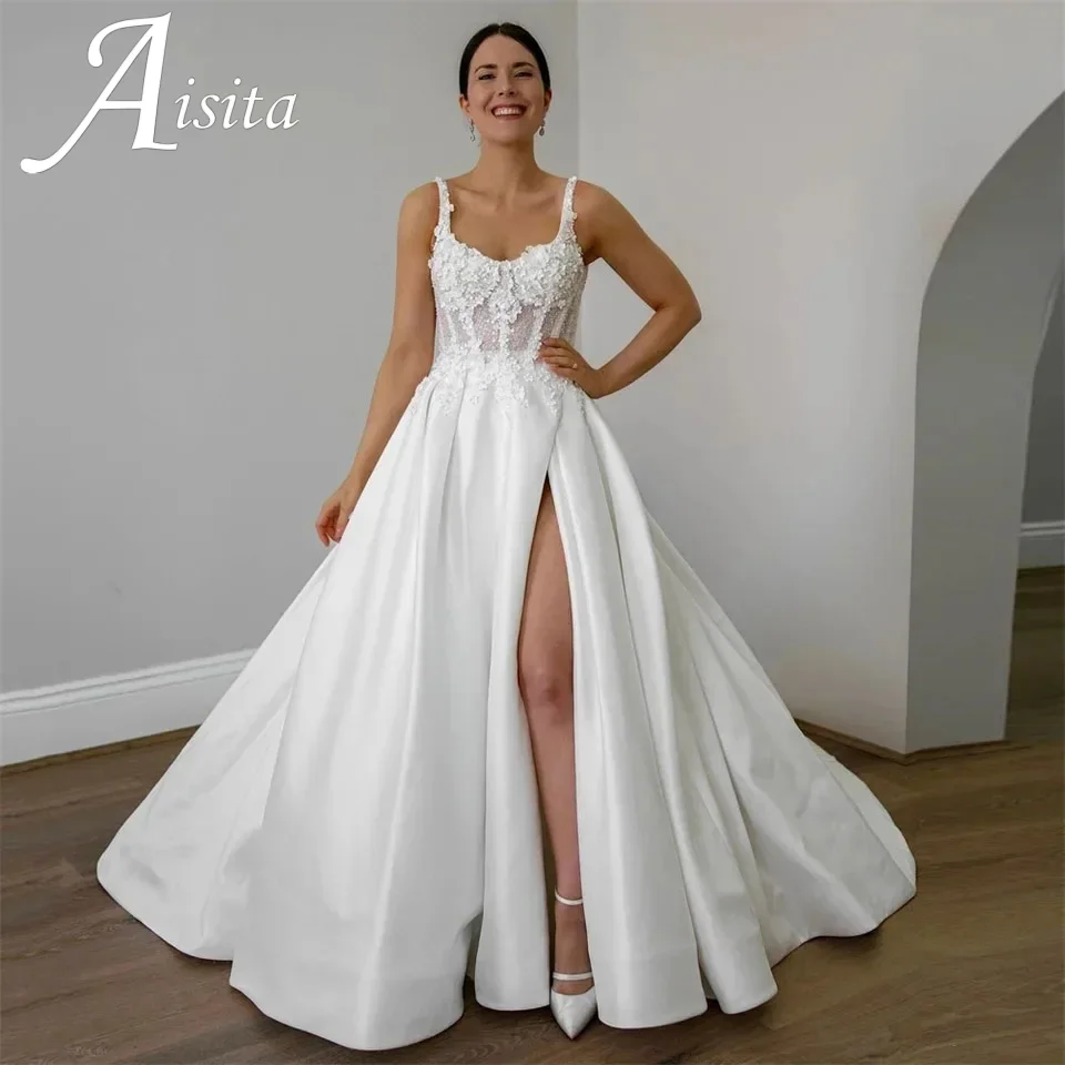 A Line Satin Wedding Dresses Square Collar Lace Appliques Side Split Bridal Dress Backless Wedding Party Bridal Gowns Customized
