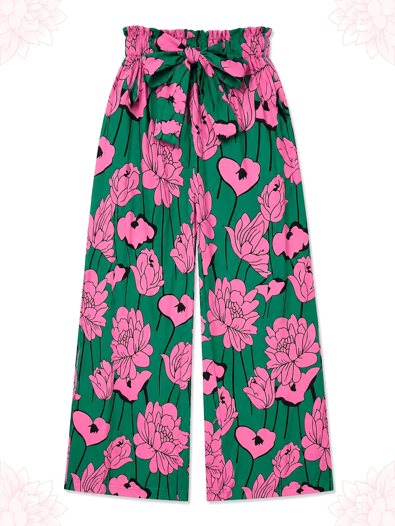 Women's Green Pink Floral Print Wide Leg Pants Ruffle High Waist Tie Bow Draped Loose Fit Casual Summer Trousers