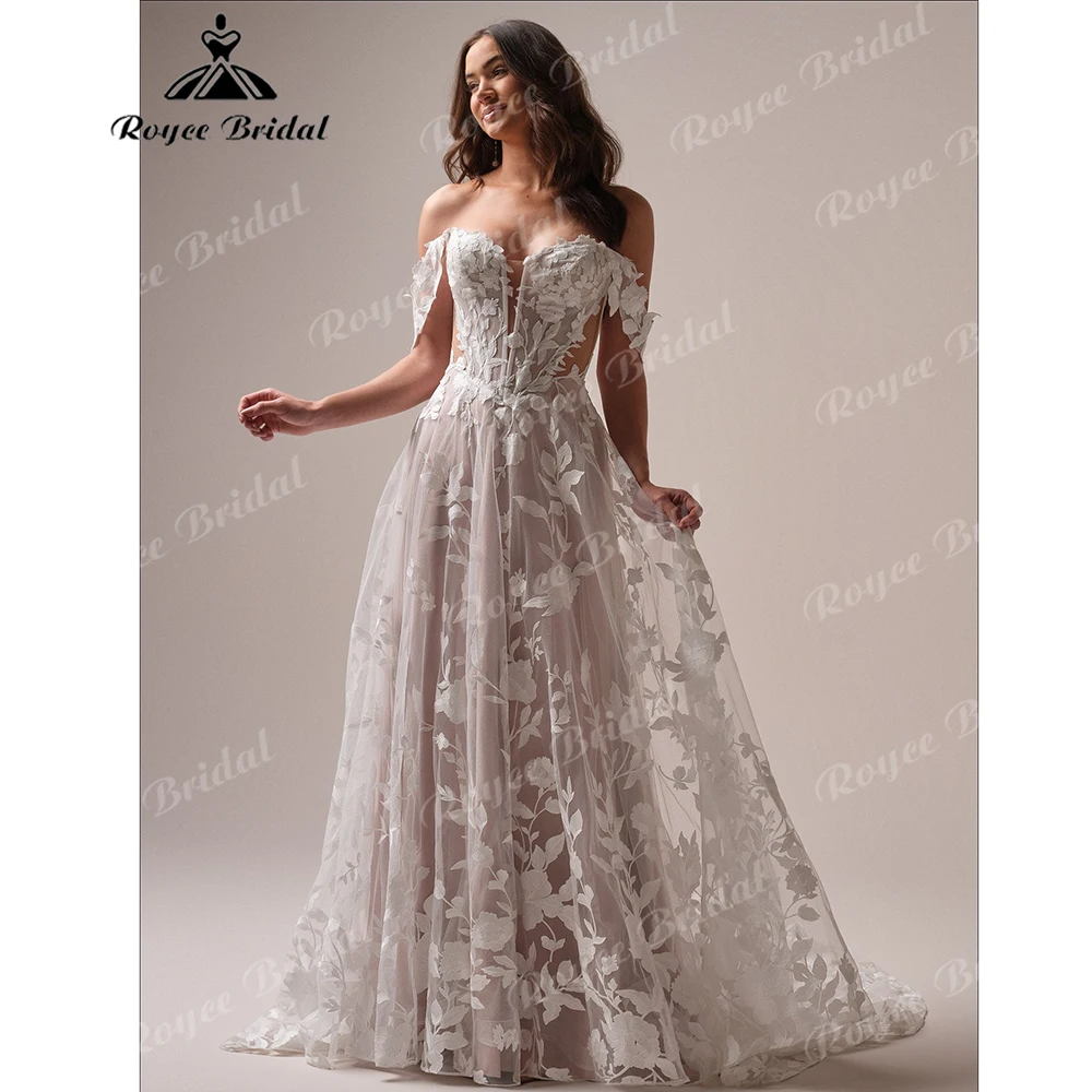 Vestido de Novia Desmontable con Hombros Descubiertos, Encaje Floral, Corsé Transparente, Aberturas Laterales, Estilo Bohemio, Corte en A, Personalizado