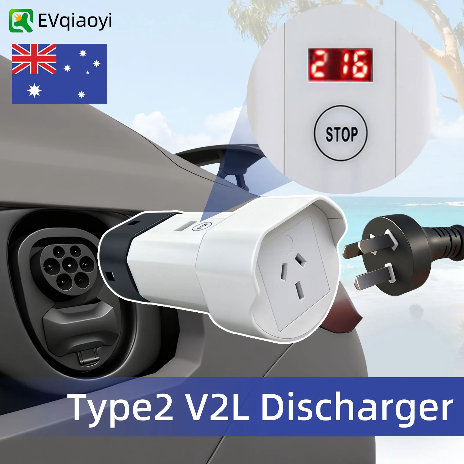 EVqiaoyi Type 2 V2L Discharger 16A Aussie Socket Adapterwith for BYD Chery Tiggo Geely EX5 Hyundai Jaecoo J7 Omoda Renault