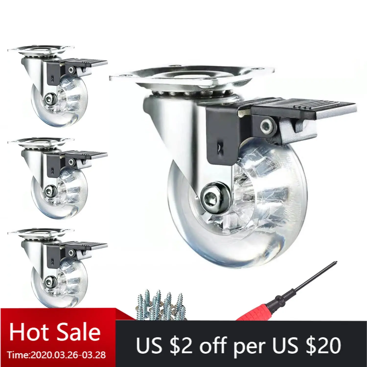 

Swivel Caster Wheels 3 Inch,Heavy Duty Casters Set of 4 with Brake,800Lbs Clear Polyurethane Furniture Wheels for Workbench
