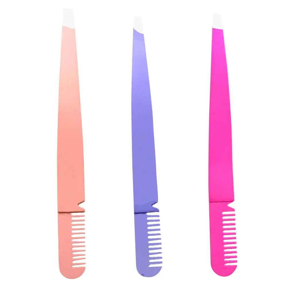 3 Pcs Makeup 2 In 1 Tweezer Comb Tools 2 in 1 Tweezer Comb Stainless Steel Makeup Tools Eyebrow Shaping Travel Size