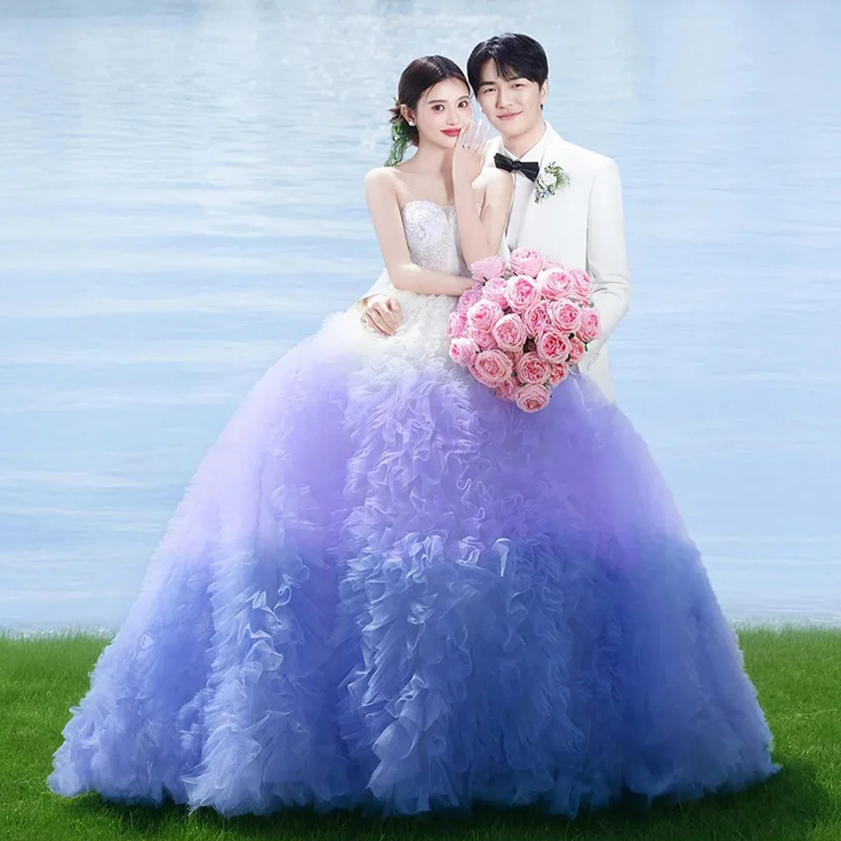 

New Pink adient Strapl Lace Wedding Dr Beach Theme Couple Photooot Studio Sweet Sle High Waist Chinese Production