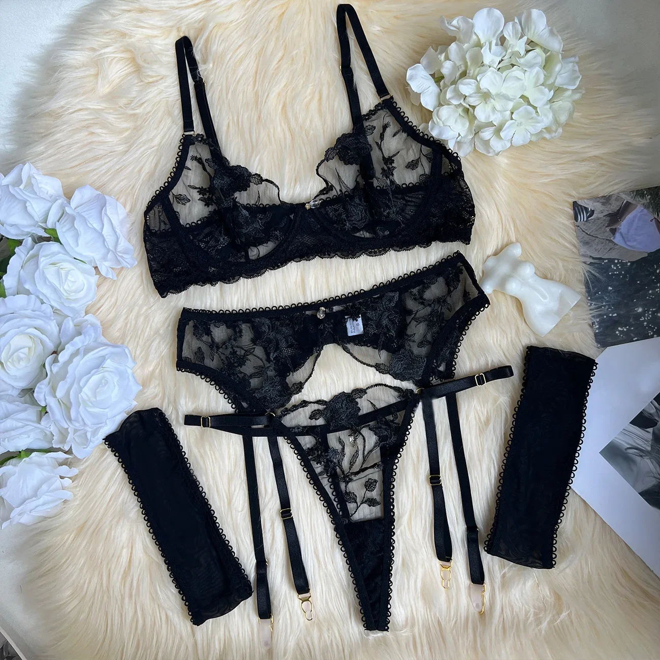 

Lovermore Porno Embroidery Spliced Sheer Women Lingerie Sets Female Garter Slim Shapewear Transparent Sexy Club Underwear Suits