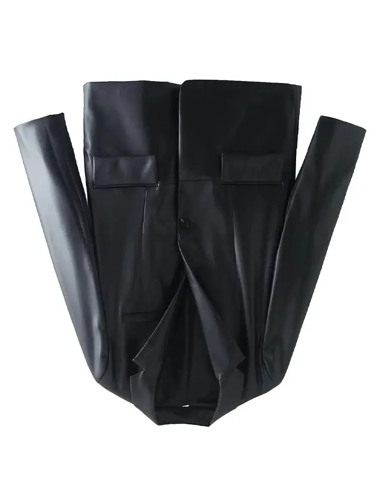

HH New Woman Autumn Fashion Casual Blazer Female Long Sleeves Lapel Single Breasted Pocket Decoration Faux Leather Effect Jacket