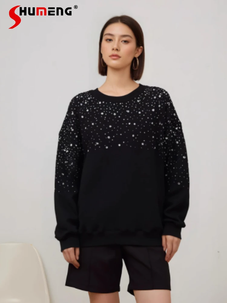 2024 Autumn New High Street Men Women The Same Loose Trend Starry Sky Rhinestone Sweatshirts Solid Color Long Sleeve Sportswear