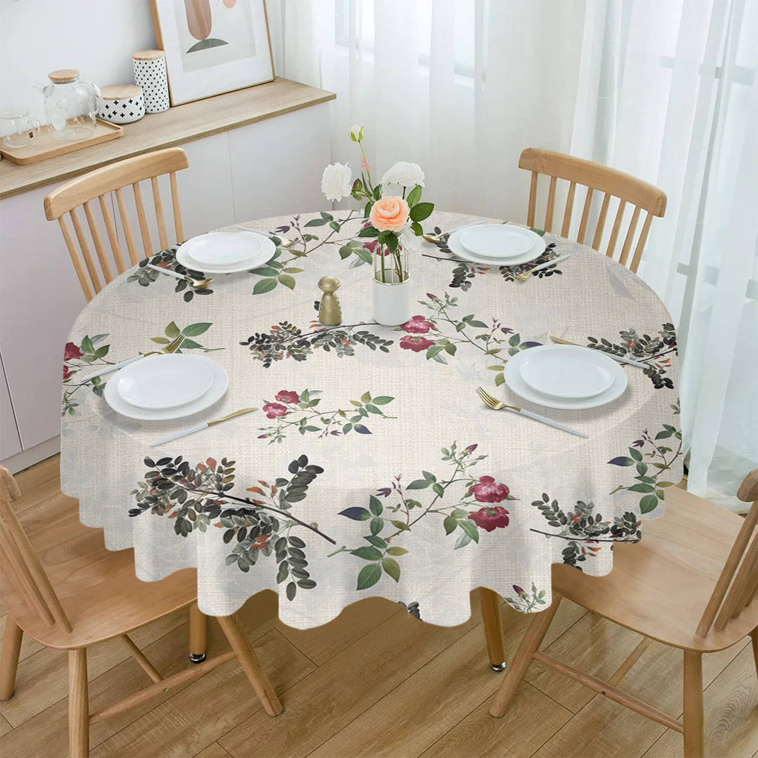 

Retro Floral And Bird Print Illustration Tablecloth Dining Table Rectangular Round Waterproof Table Cover Kitchen Decoration