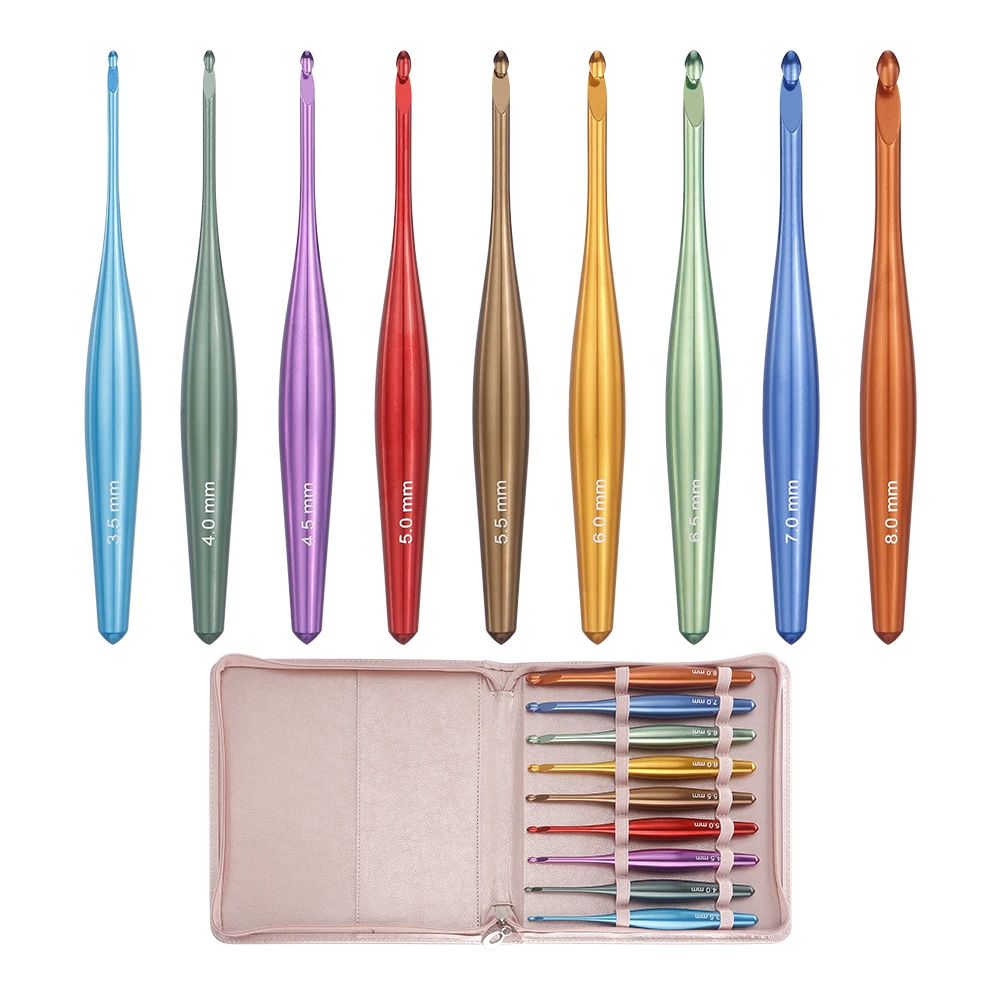 9-teiliges Einzelspitz-Häkelnadel-Set, Strickwerkzeug, ergonomische Häkelnadeln aus poliertem Aluminium, 3,5 mm-8 mm