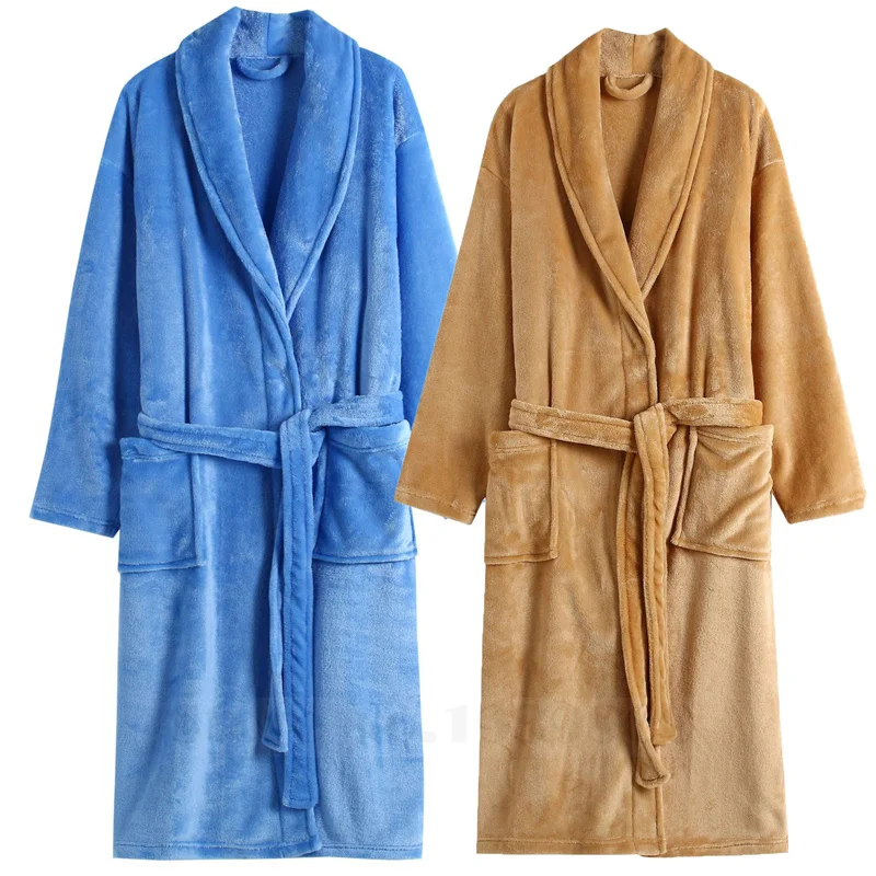 Thicken Flannel Hooded Long Robe Couple Sleepwear Lounge Wear Winter Warm Bathrobe Nightgown Loose Coral Fleece Plaid Homewear