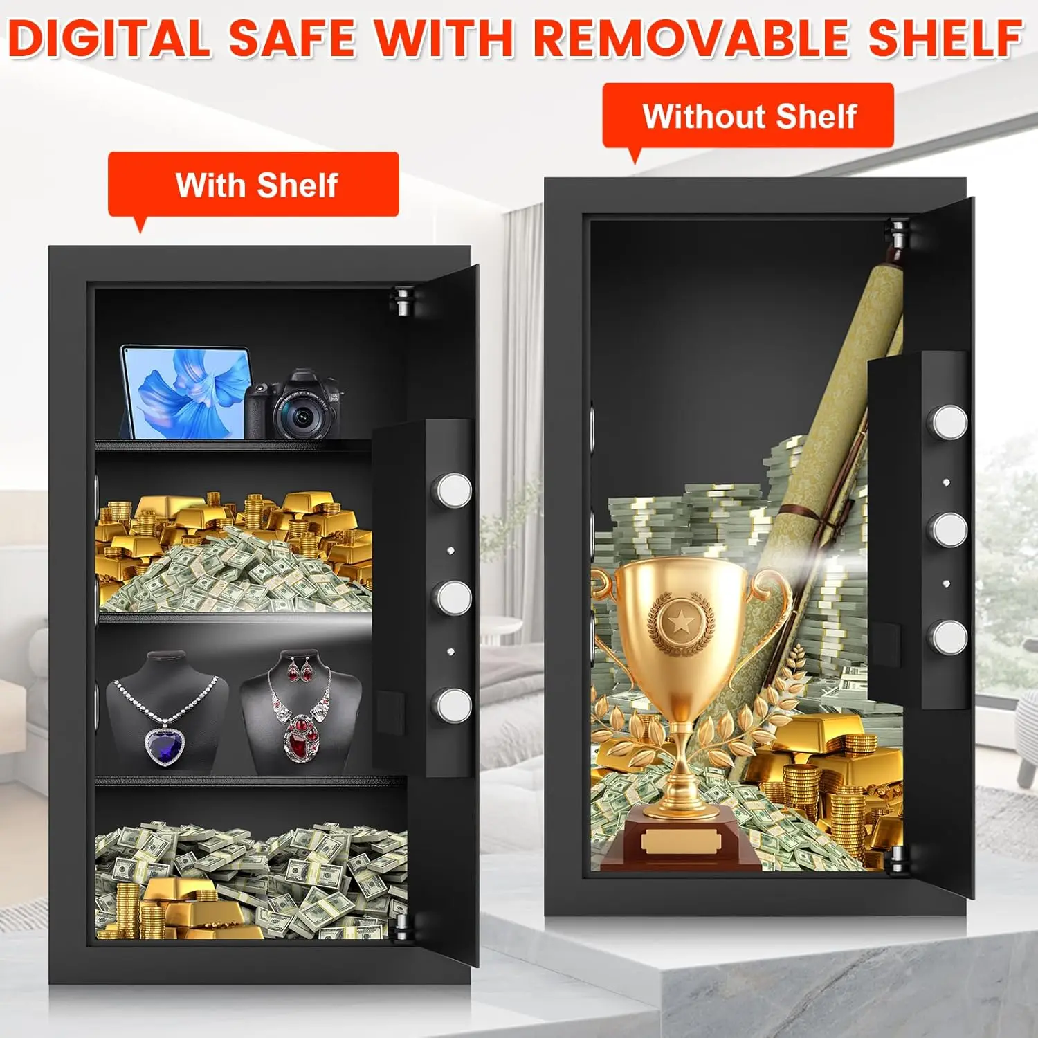 6.0 Cub Large Home Safe, Digital Security Safe Box with Combination Lock, Removable Shelf and Alarm System, Anti-Theft Document