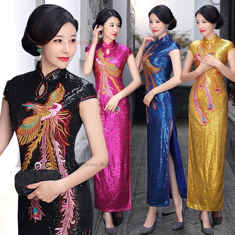 

2025 chinese vintage dress improved cheongsam banquet evening dress national phoenix embroidery sequin stage performance dress