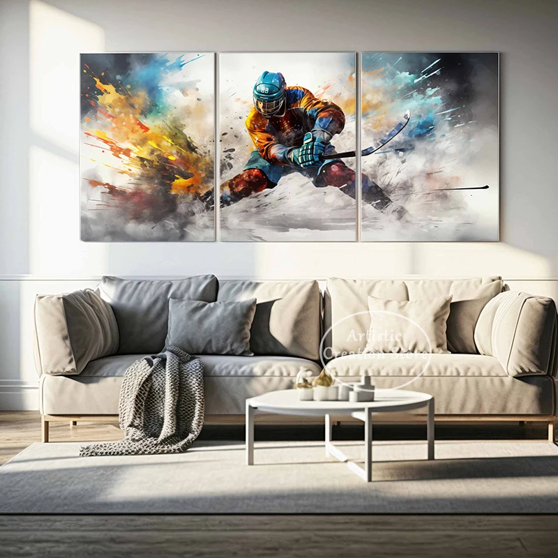 Ice Hockey Print Watercolor Print Winter Sports Art Canvas Painting Hockey Wall Picture Modern Bedroom Kids Room Decor Poster