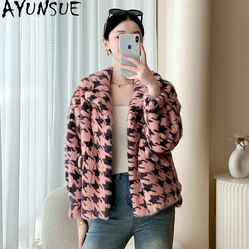 AYUNSUE 2025 Natural Mink Fur Jacket Woman Print Fashion Real Fur Jackets for Woman Clothes Whole Mink High Quality Abrigo Mujer