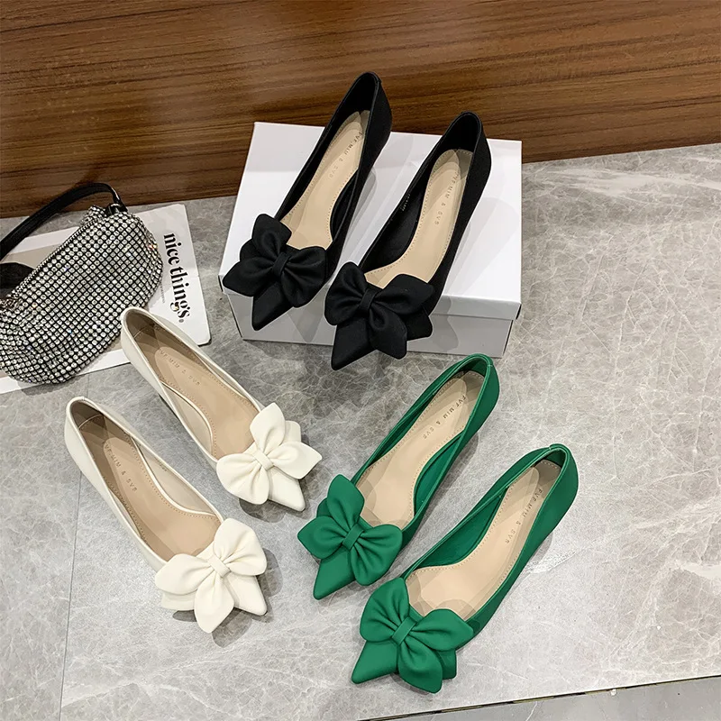 

Bow-knot Women's Pumps Fashion Slip-on High Heels Sexy Pointed Office Shoes Solid Color Shoes Modern Party Dress Pumps