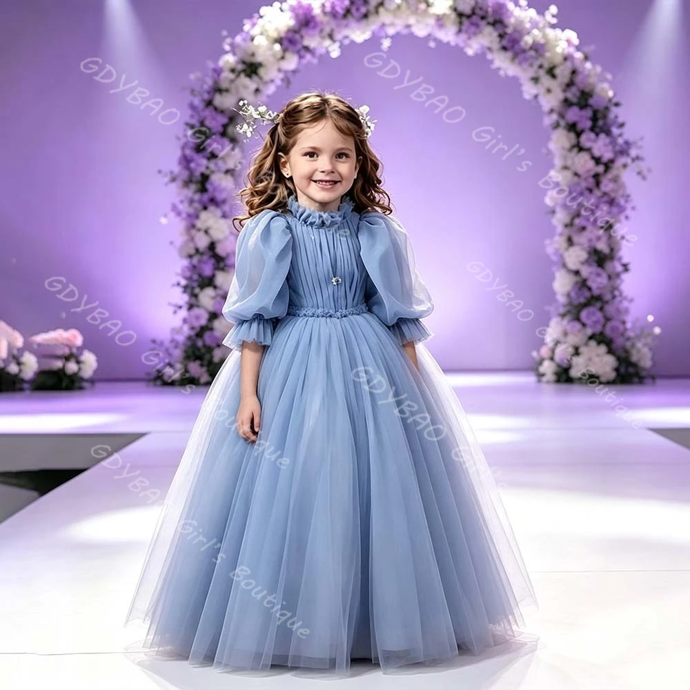 A-line/Princess Pleated Tulle Flower Girl Dress High Neck Bubble Sleeves First Communion Dress Long Wedding Party Gown Custom