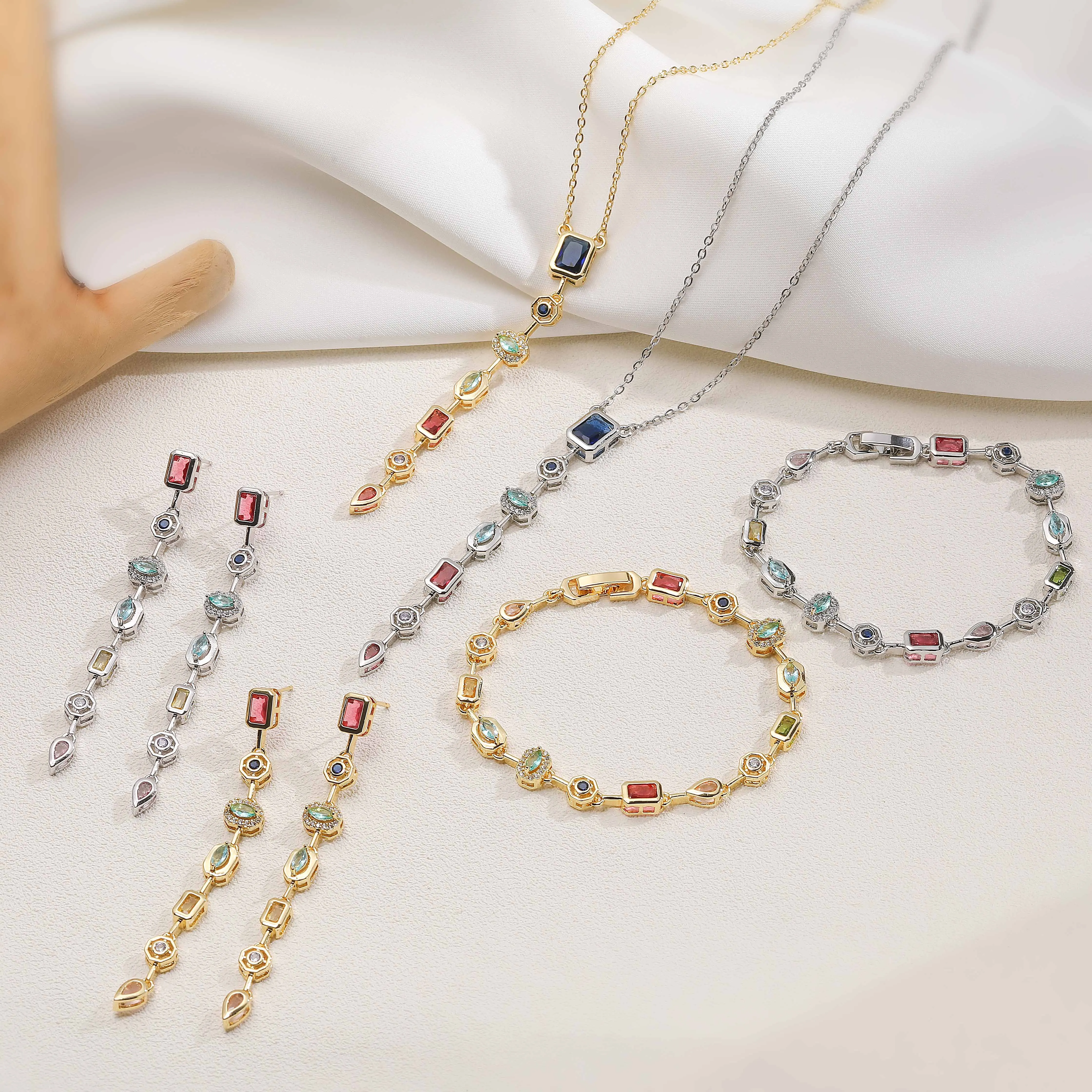 HECHENG Böhmischer Stil, geometrisch, mehrfarbig, CZ-Stein, Ohrringe, Armband, Halskette, Schmuck für Bankette und Geburtstage, 1 Stück