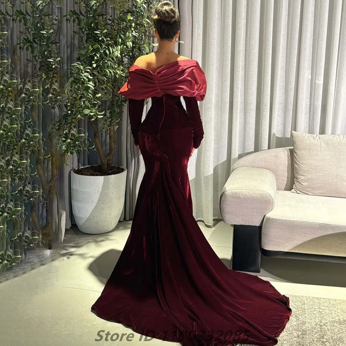 Burgundy Mermaid Velour Evening Dress For Wedding Party Off Shoulder Long Sleeve Formal Prom Dress Dubai Party Gown Customized