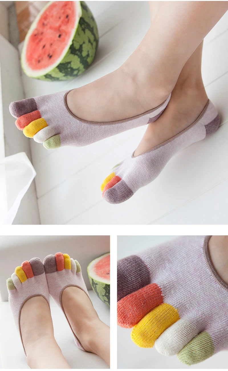 5 Paar bunte Fünf-Zehen-Socken für Damen, unsichtbare, atmungsaktive, rutschfeste, niedrig geschnittene Bootssocken aus Baumwolle für Schuhe – Detail 14