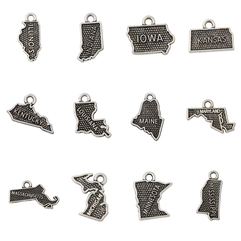 10pcs US State Map Charms Alabama Alaska Arizona California Colorado Delaware Florida Dangling Charms