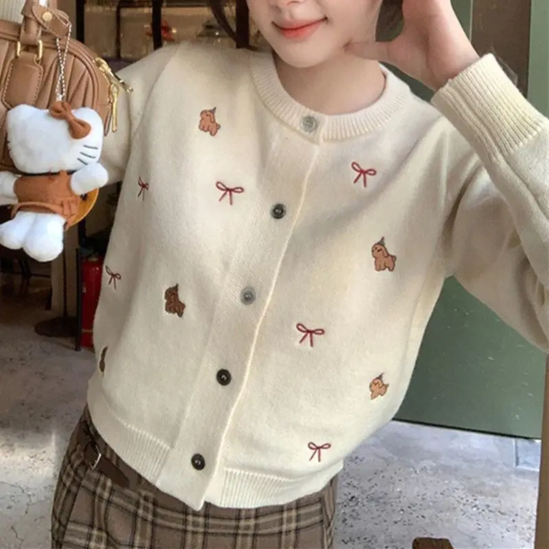 2024 Spring New Korea Fashion Bow Embroidered Sweet Sweater Knitted Cardigan Casual Long Sleeves Design Versatile Y2k Top