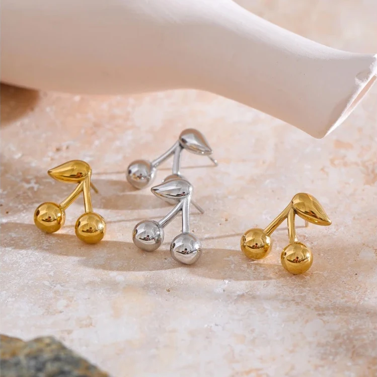 New Fashion Stainless Steel Metal Cherry Golden Stud Earrings for Women 18K PVD Plated Wholesale Waterproof Charm Jewelry Gifts