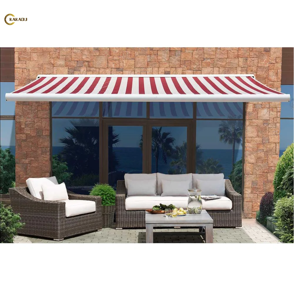 Full Cassette Patio Awning Motorized Retractable Outdoor Aluminum Frame Windproof 6.0M Width Remote Control Polyester