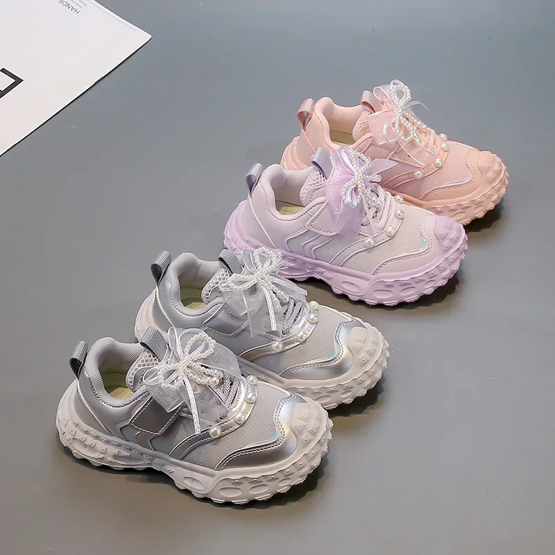 

2025 Sweet Girls Fashion Basketball Shoes Bowknot Versatile Kids School Sports Shoes Princess Running Non-slip Children Sneakers
