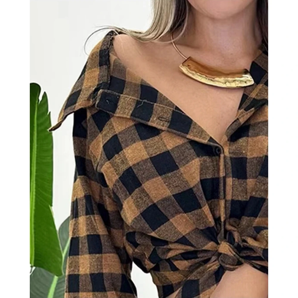 Camicetta da donna con stampa scozzese abbottonata Casual a maniche lunghe camicetta Casual con colletto rovesciato Sexy elegante abbigliamento estivo