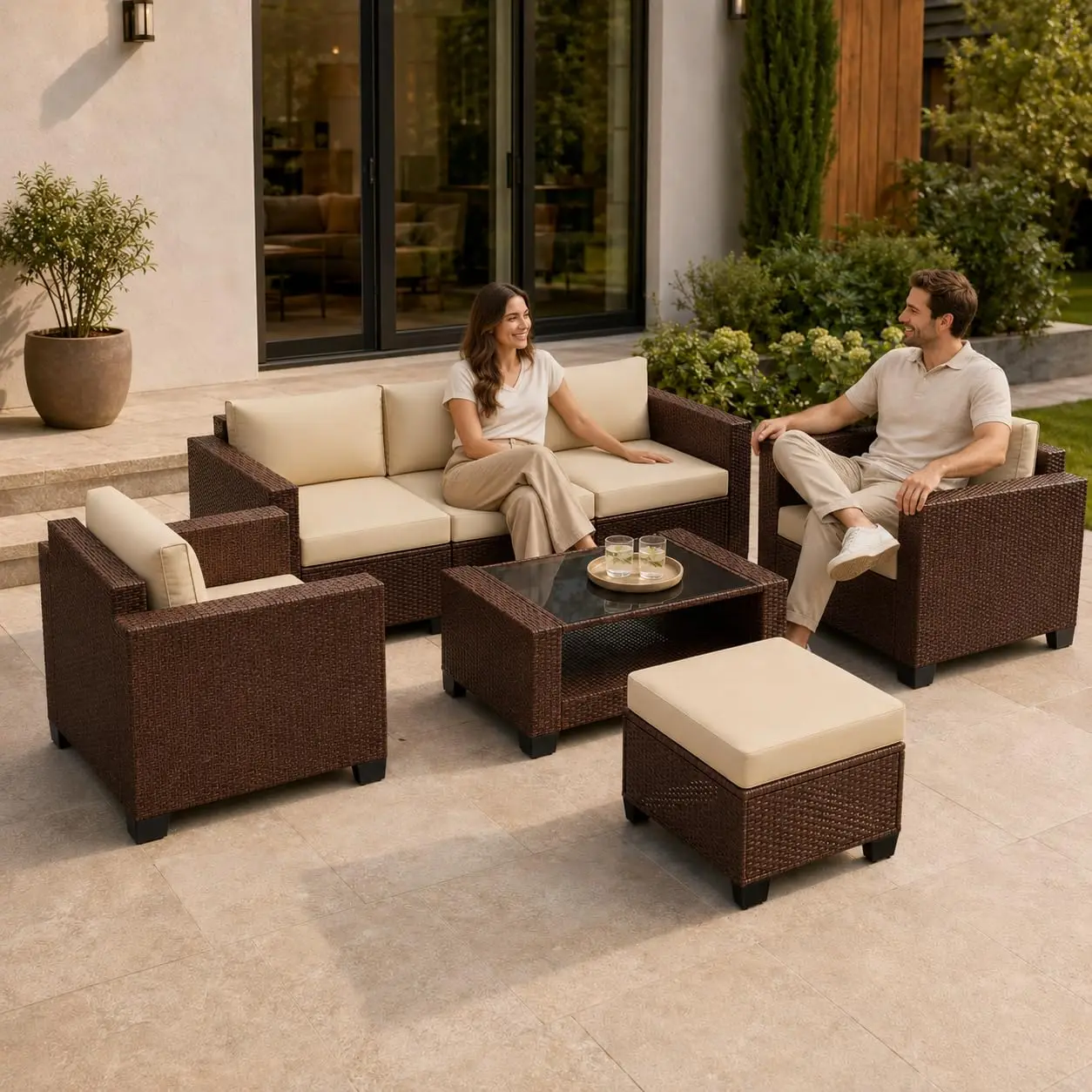 7 PCS All-Weather PE Rattan Outdoor Sectional Sofa Set with Cushion & 2-Tier Glass Coffee Table, Customized