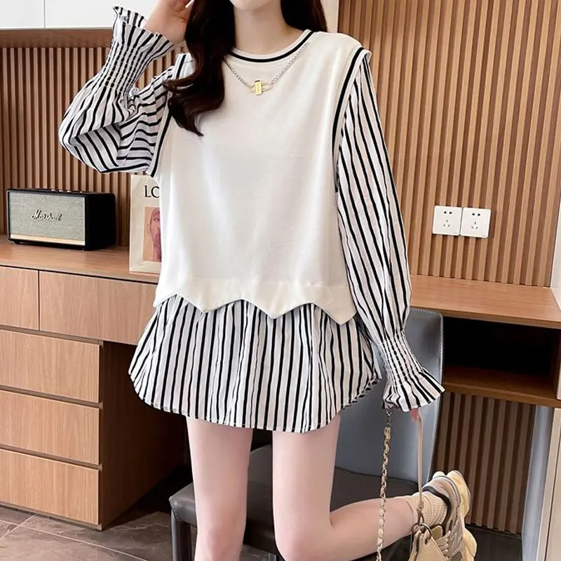 Fashion Loose Printing Patchwork Pleated Striped O-neck Pullovers T-Shirts Long Sleeve Office Lady Simplicity Women\'s Clothing