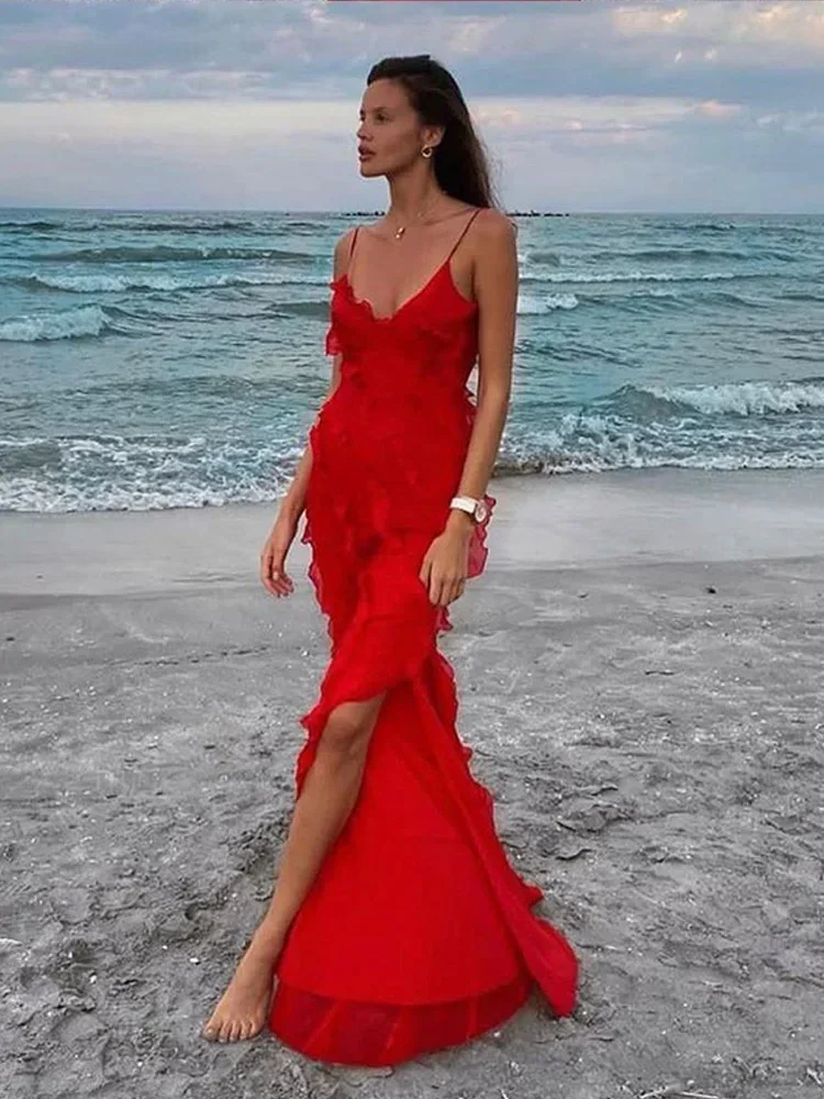 

Elegant Red Chiffon Slip Dresses for Women Sexy Spaghetti Strap Backless Lace-up Ruffles Long Maxi Evening Party Prom Dress