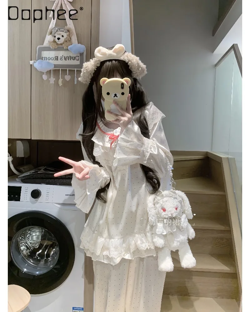 2026 Autumn Sweet Cute Girl's Pajama Sets Polka Dot Long-sleeved Loose Top Trousers Two Pieces Sleepwear For Women Loungewear